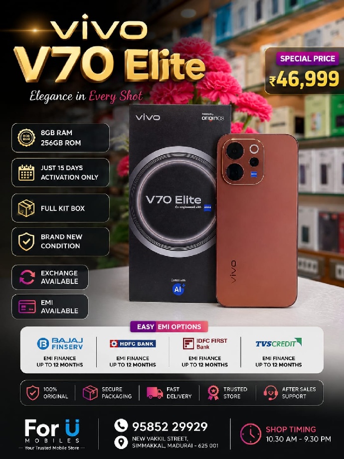 Vivo Vivo v70 elite 8/256 Full kit Box 15 days activation only