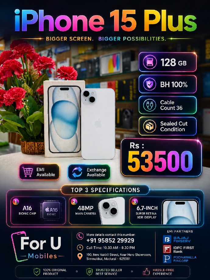 Apple I phone 15 plus 128gb Bh100% Cc 32 Full kit Box