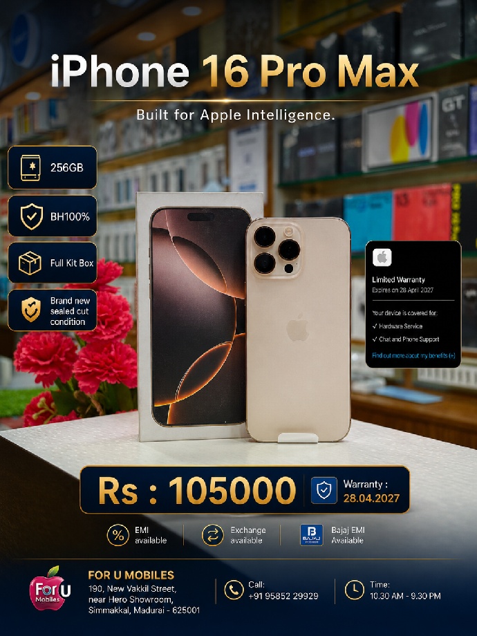 Apple i phone 16 pro max 256gb warranty in 28.04.2027. bh 100% full kit Box 