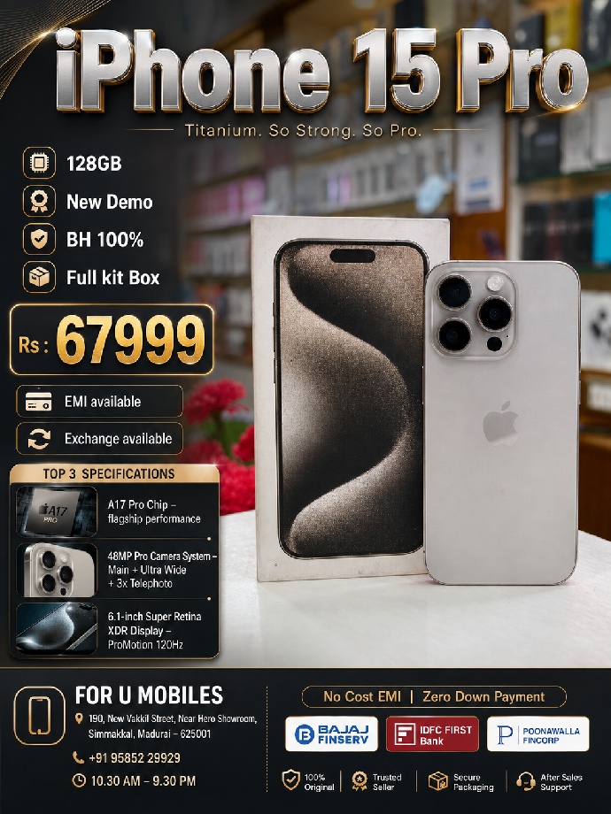 Apple I phone 15 pro Demo 128gb Bh100% Full kit Box