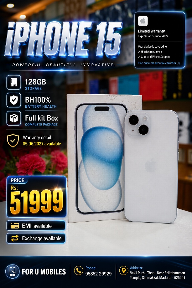 Apple I phone 15 128gn Bh 100% 10 month warranty available