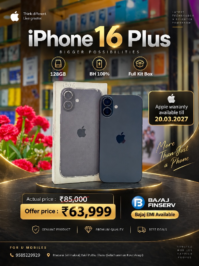 Apple I phone 16 plus 128gb Bh 100% Full kit Box Warranty available in 20.03.2027