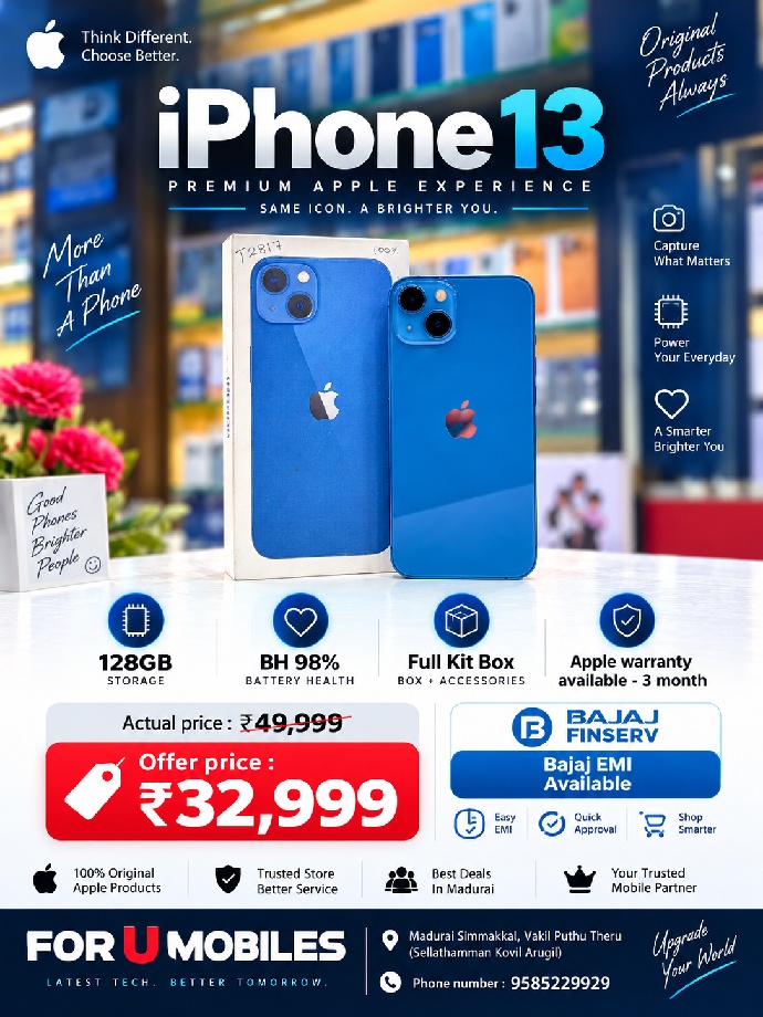 Apple I phone 13 128gb Bh98% Apple warranty available in 3 month Full kit Box